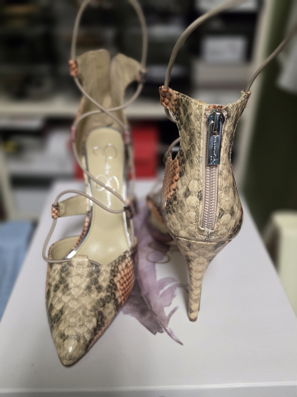 Jessica Simpson Beige and Peach Snakeskin Pointed-Strap Heels